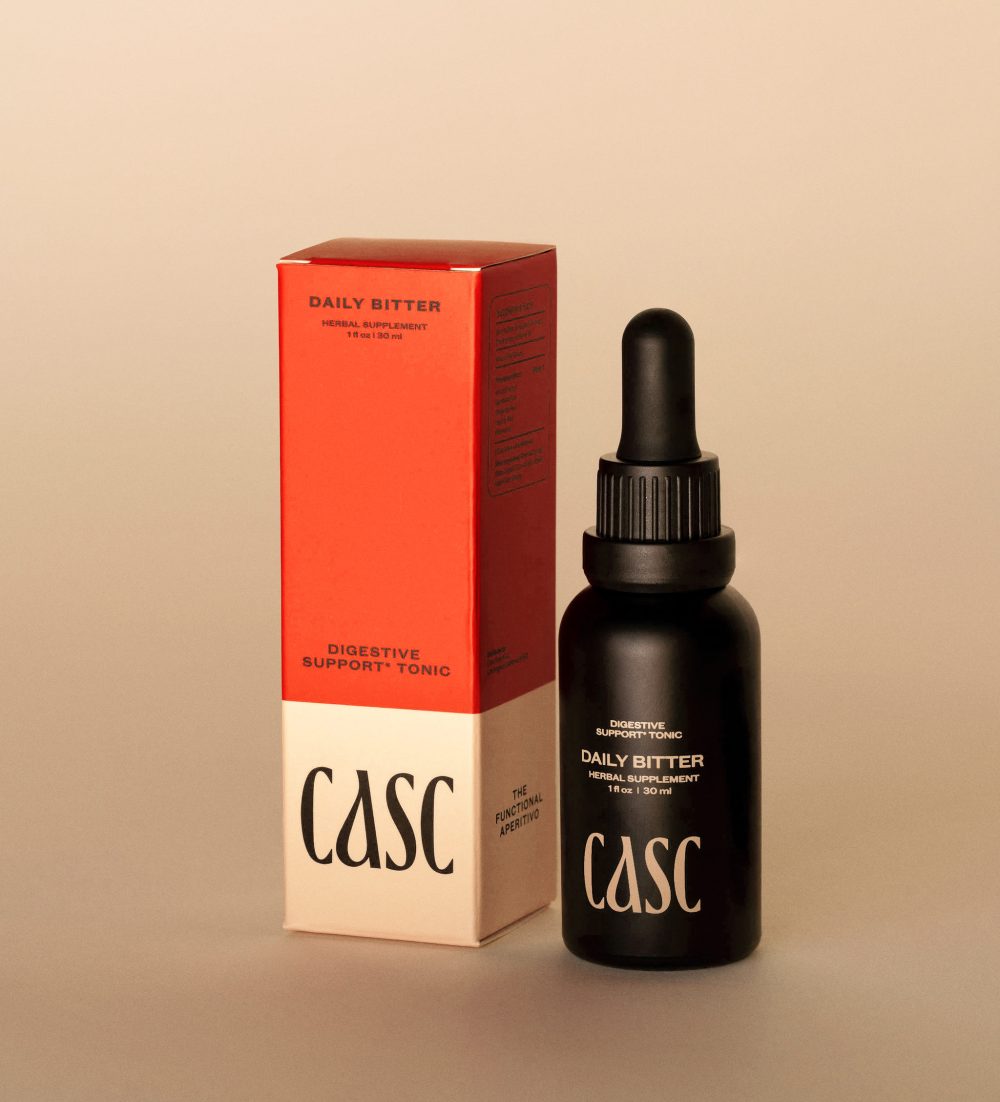 CASC Digestive Support Tonic, Daily Bitter Red Packaging Box with black dropper bottle, cream background