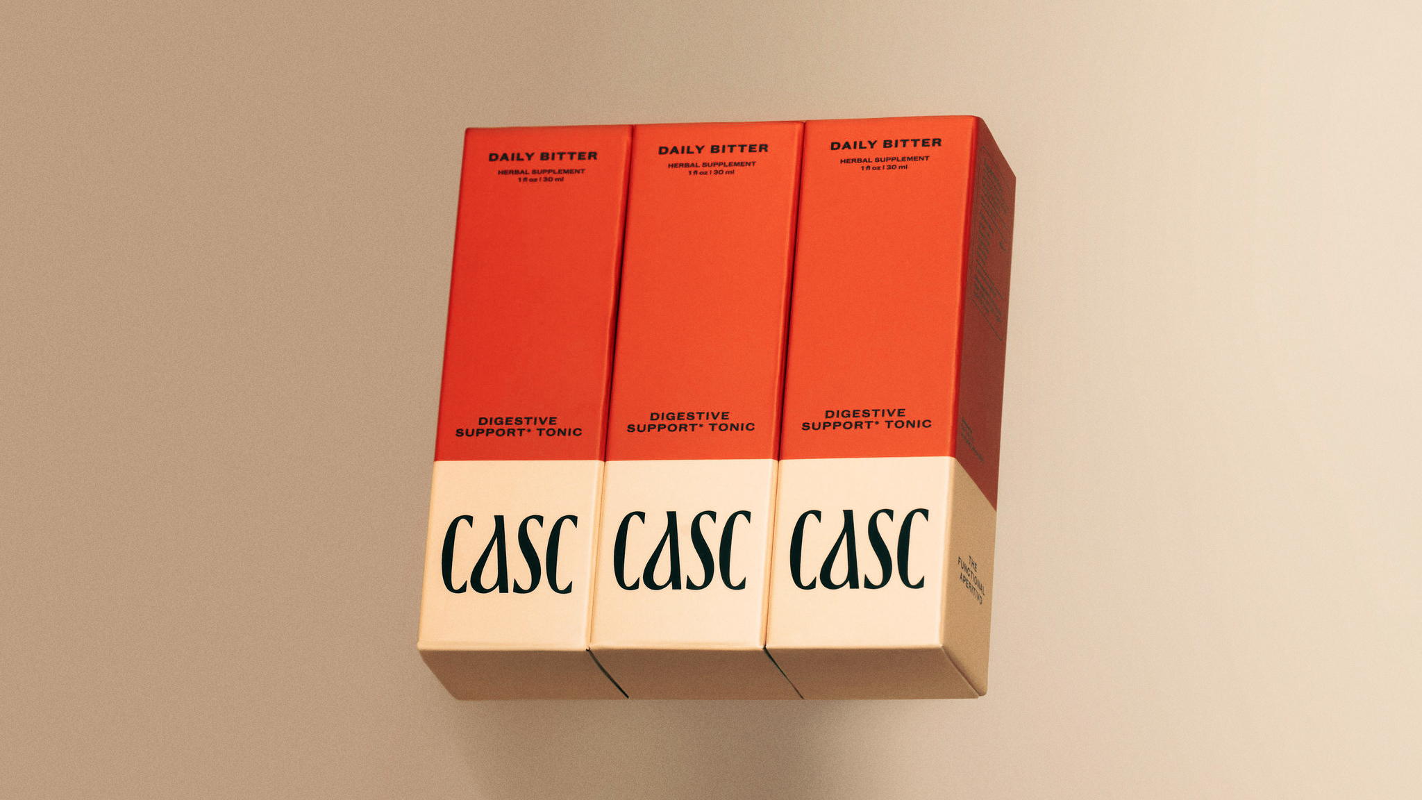 CASC Digestive Support Tonic, Daily Bitter Red Packaging Boxes, cream background
