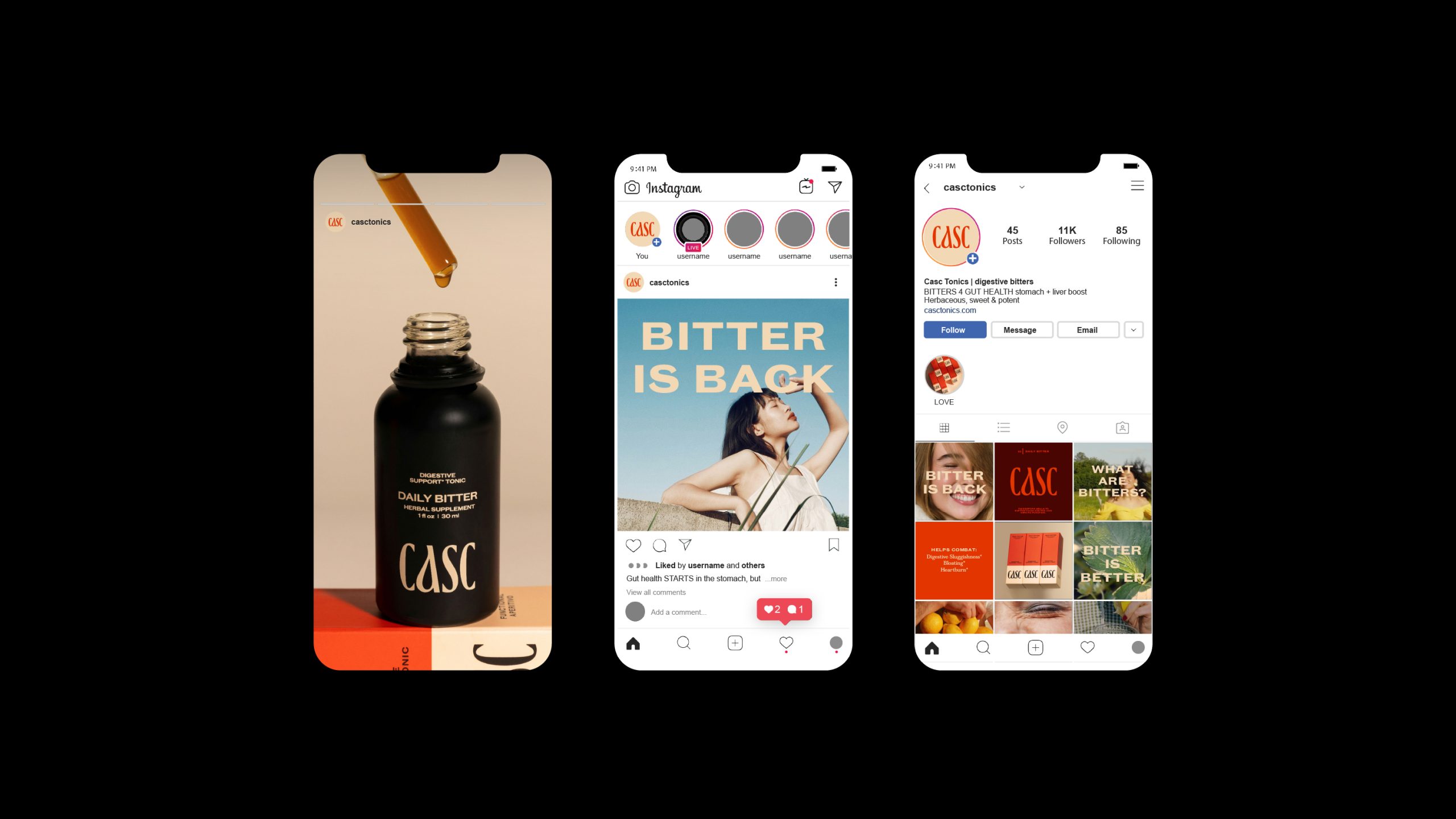 CASC Brand identity elements, phone screens, instagram interface look and black background
