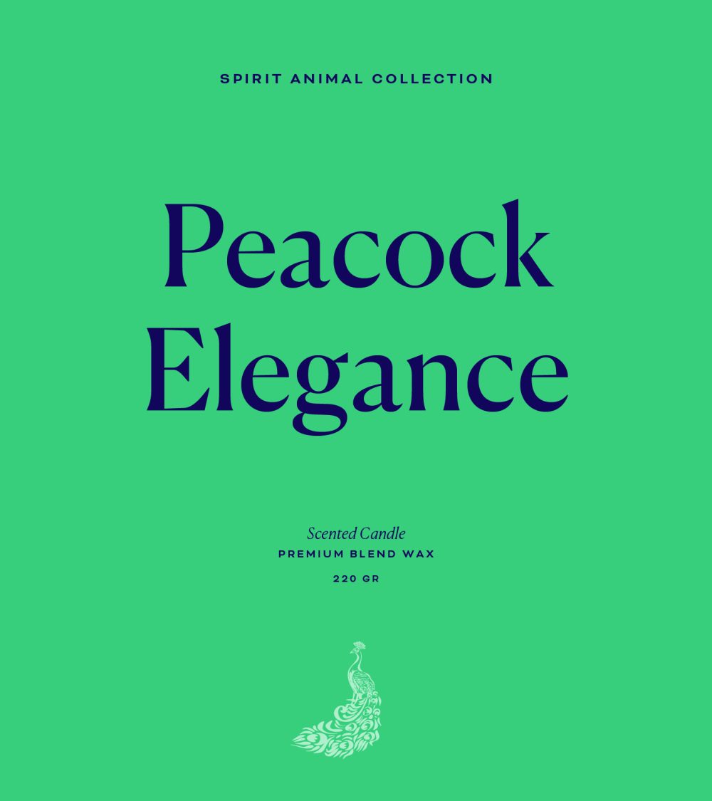 OJO Peacock Elegance typography, Spirit Animal Collection, green background, blue typography