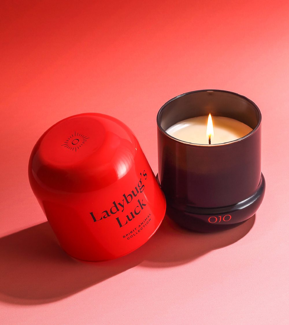 OJO Ladybug's Luck candle collection with red glass jar candle and red background