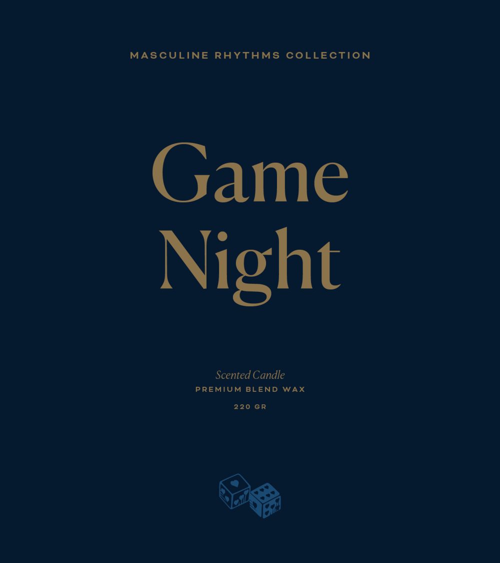 OJO Game Night typography, Masculine Rhythms Collection, dark blue background, golden typography