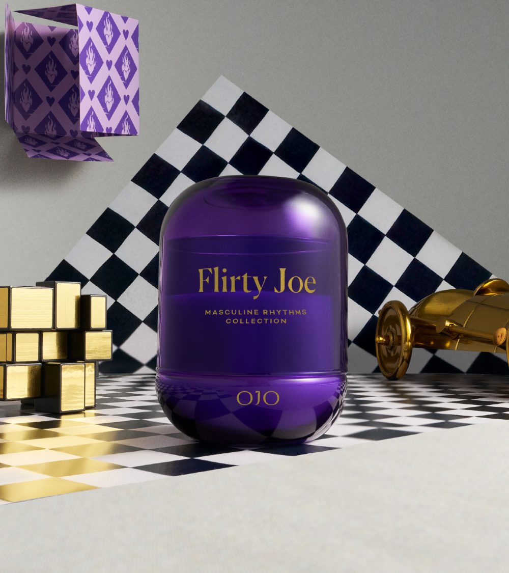 OJO Flirty Joe candle collection with purple glass jar and checkered background