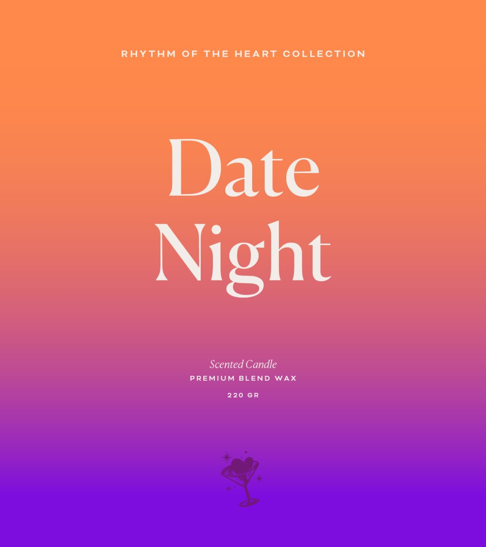 OJO Date Night typography, Rhythm of the Heart Collection, orange to purple gradient background, white typography
