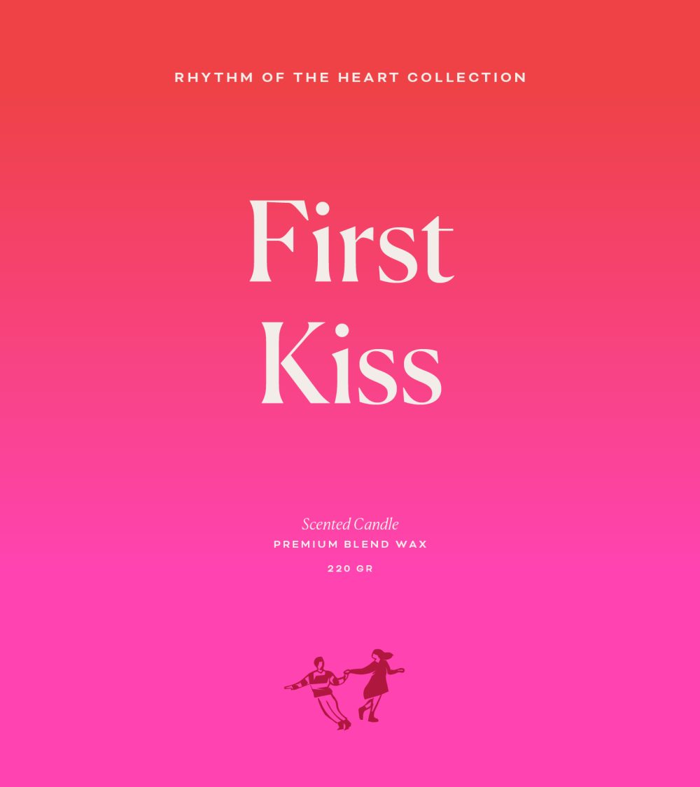 OJO First Kiss typography, Rhythm of the Heart Collection, pink red gradient background, white typography