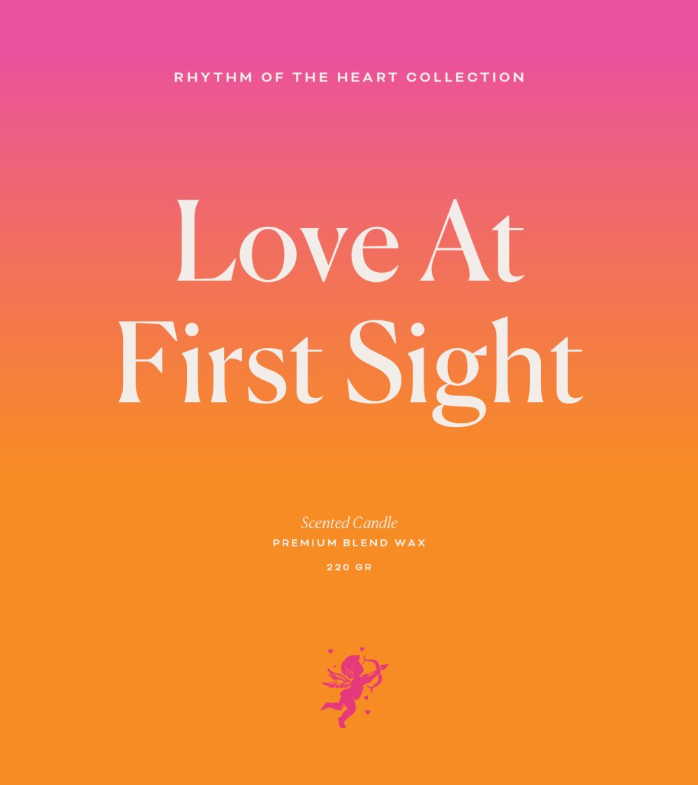 OJO Love at First Sight typography, Rhythm of the Heart Collection, pink yellow gradient background, white typography