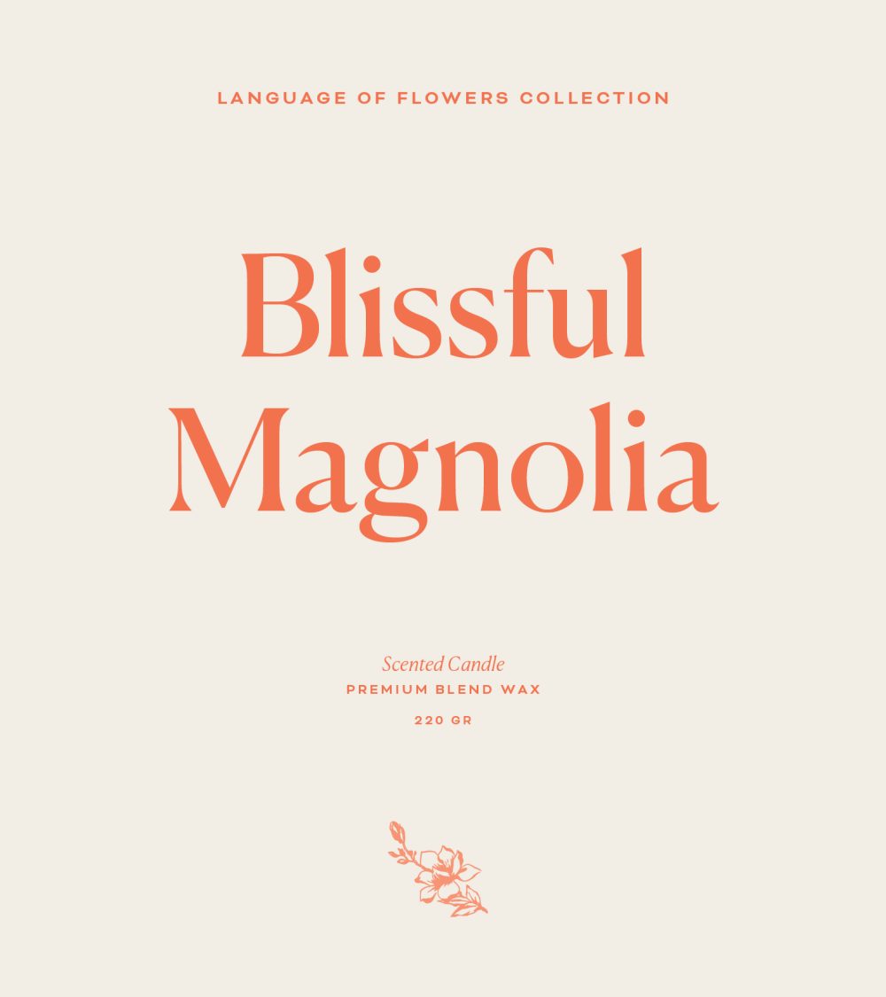 OJO Blissful Magnolia typography, Language of Flowers Collection, white background, orange typography