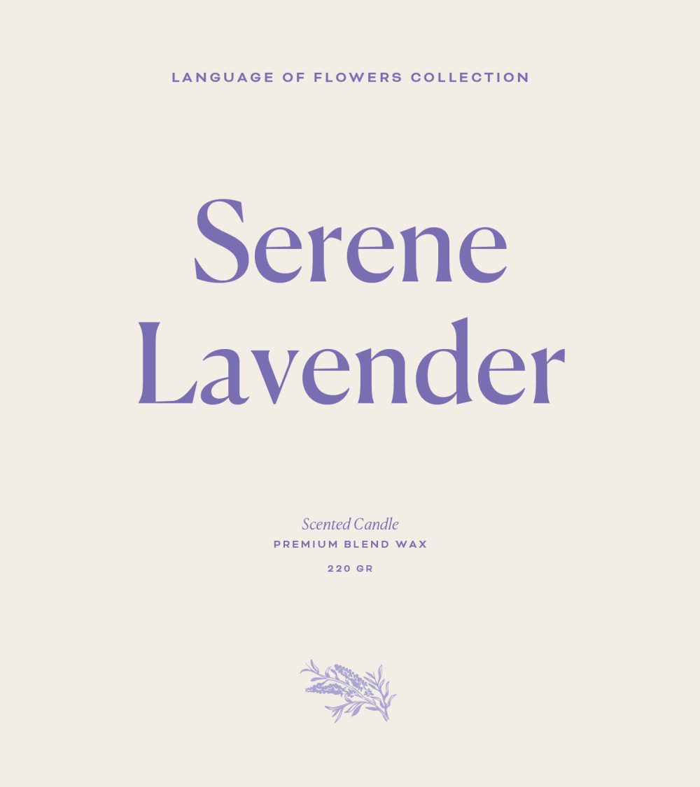 OJO Serene Lavender typography, Language of Flowers Collection, white background, purple typography