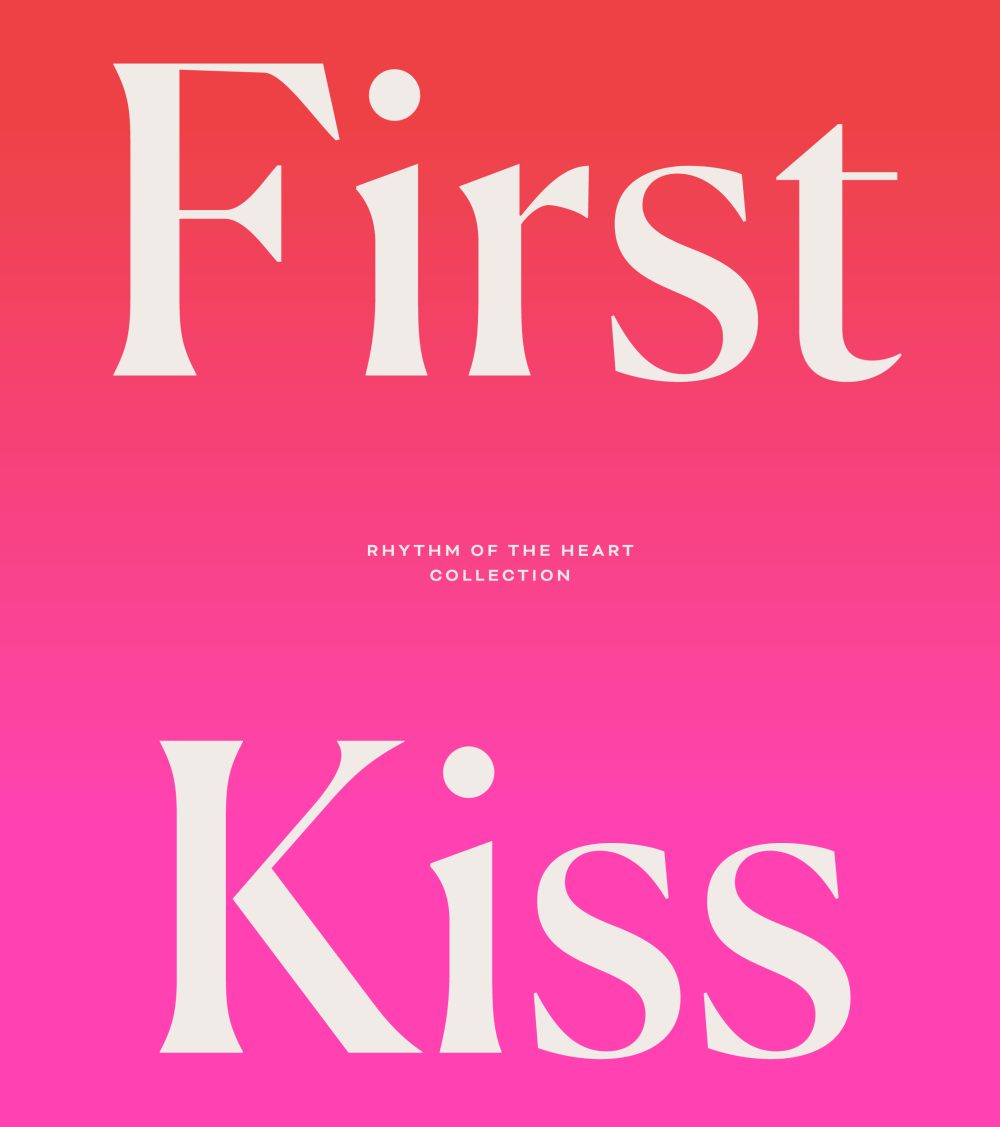 OJO First Kiss typography, Rhythm of the Heart, pink background