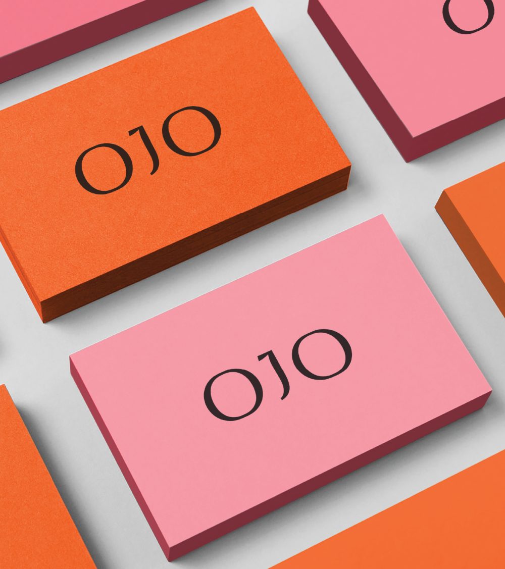 OJO brand identity design, orange and pink business cards